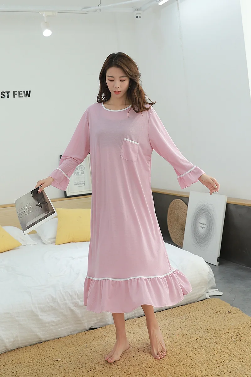 Autumn New Style Large Size Pajamas Dress Plus-sized Womenswear Size Long Sleeve Nightgown Loose-Fit Slimming Contrast Colo