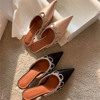 

Spring new rhinestone decorative high heels black apricot pointed low-heeled shoes spring and autumn ladies satin slippers