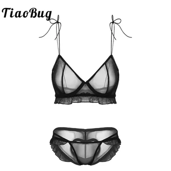 

TiaoBug Women See Through Sheer Mesh Sexy Lingerie Set Tie-up Ruffle Underwired Bra with Briefs Transparent Underwear Nightwear