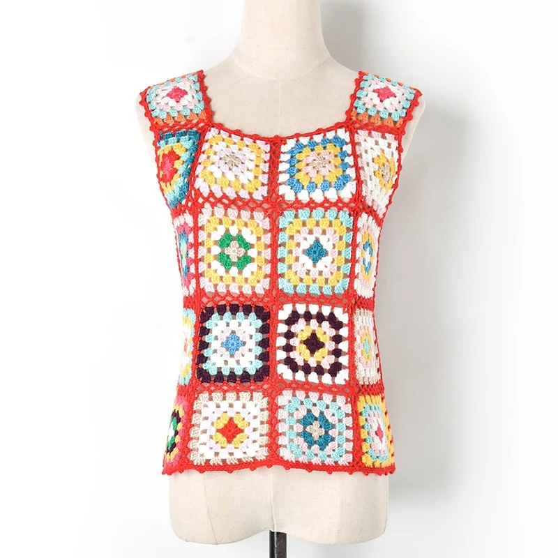 

Hit Color Crochet Hollow Out Women Vest 2019 Autumn O-neck Knitted Vest Coat Female Indie Folk Sleeveless Vest Outerwear P-030