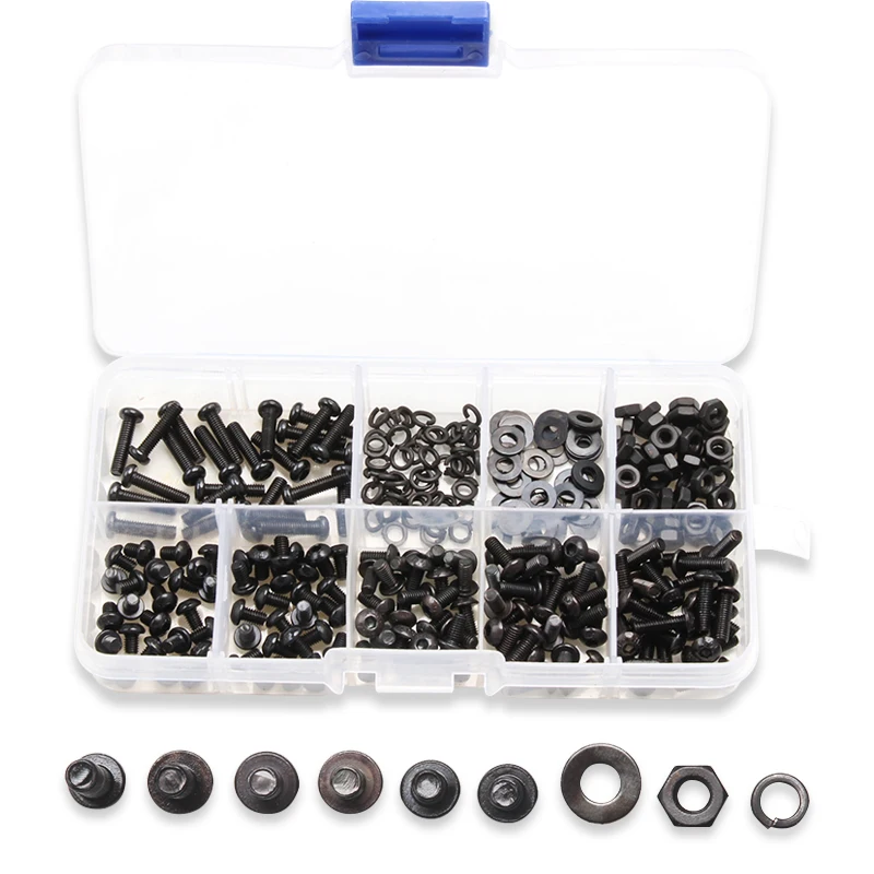 

300Pcs/Sets Black Carbon Steel Round Hexagon Carbon Steel Screw Nut Flat Pad Washers Spring Box KitBolts M3* 4/5/6/8/10/12