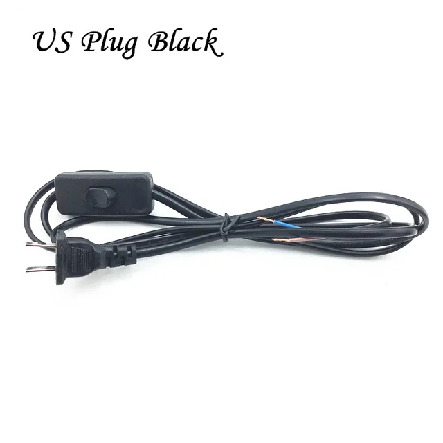 כבל חשמל AC באורך 1.8 מטר עם מתג הדלקה וכיבוי, כבל הארכה עם שני פינים, מתאם סוג ארה"ב, קו שחור לבן