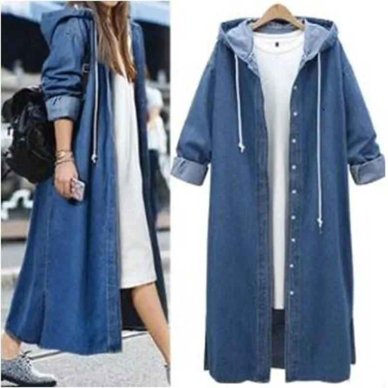 Плюс размер Элегантная джинсовая куртка длинное пальто женская с капюшоном 2019
