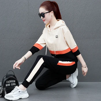 

2020 Spring New Womens Two-piece Korean Fashion Casual Striped Letter Printing Hooded Pullover Sweatshirt+pants Female Sweatsuit