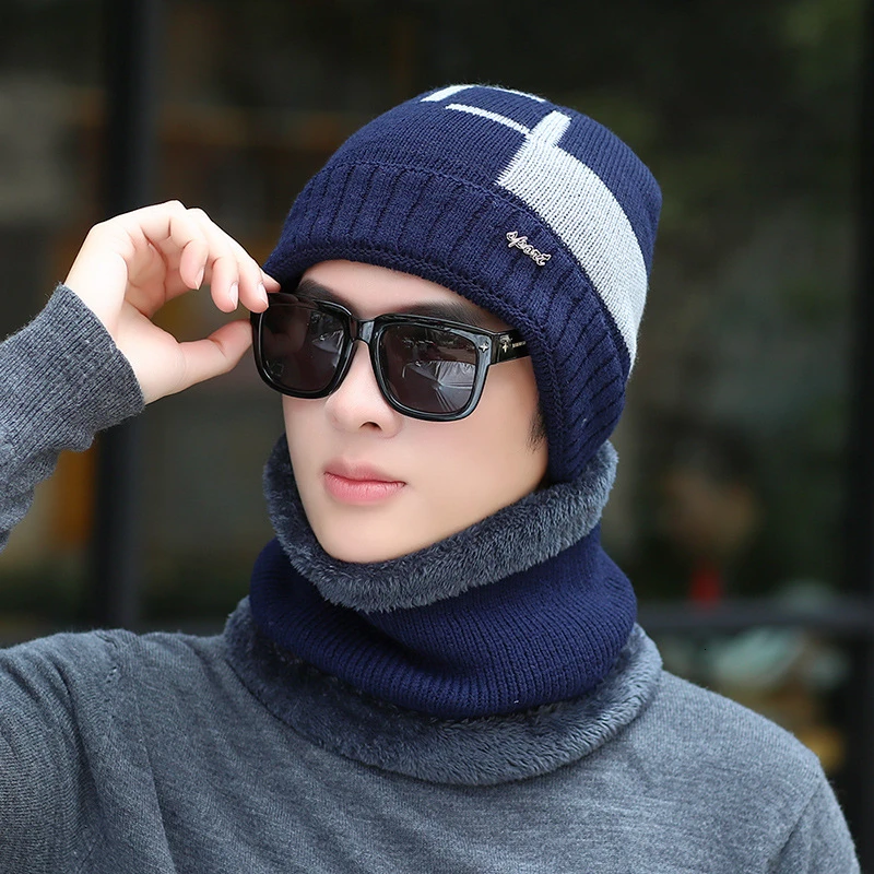 C01 GKGJ мужские зимние трикотажные изделия Beanie набор шапки и шарфа теплые вязаные шапки с черепом шапка с воротником теплая с толстой флисовой подкладкой зимняя шапка - Цвет: C01