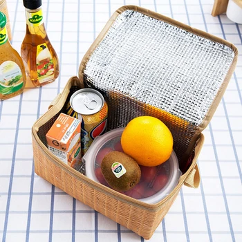 

New Durable Imitation Rattan Picnic Bag Portable Insulated Thermal Cooler Lunch Box Portable Outdoors Picnic Bags