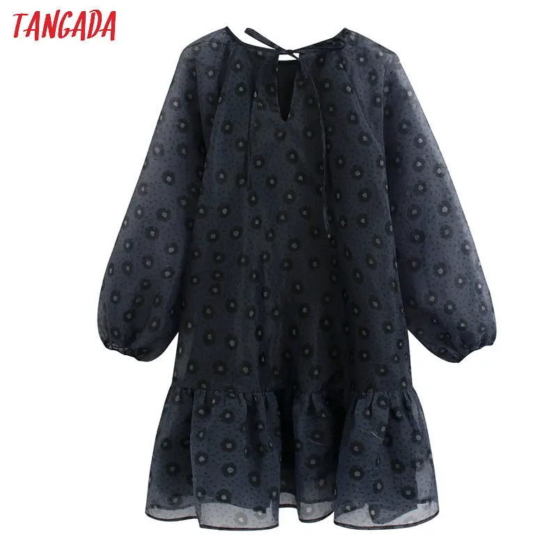 Tangada, модное женское леопардовое Сетчатое платье, милое, с круглым вырезом, с бантом сзади, с длинным рукавом, женское свободное Плиссированное мини-платье, Vestidos BE193
