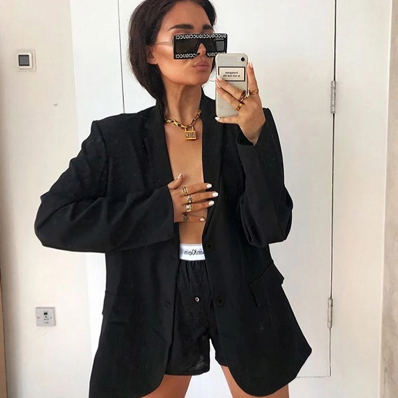 

Black Blazer Oversize Women Casual Suit Solid Pockets Single Breasted Female Coat Office Lady Jacket Fashion 2020 Feminino Mujer