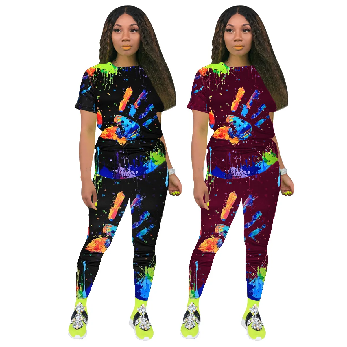 

2020 Summer Women's Suit Solid-color Graffiti Print Short Sleeves T-shirt & Pencil Trousers European and American Two Piece Set