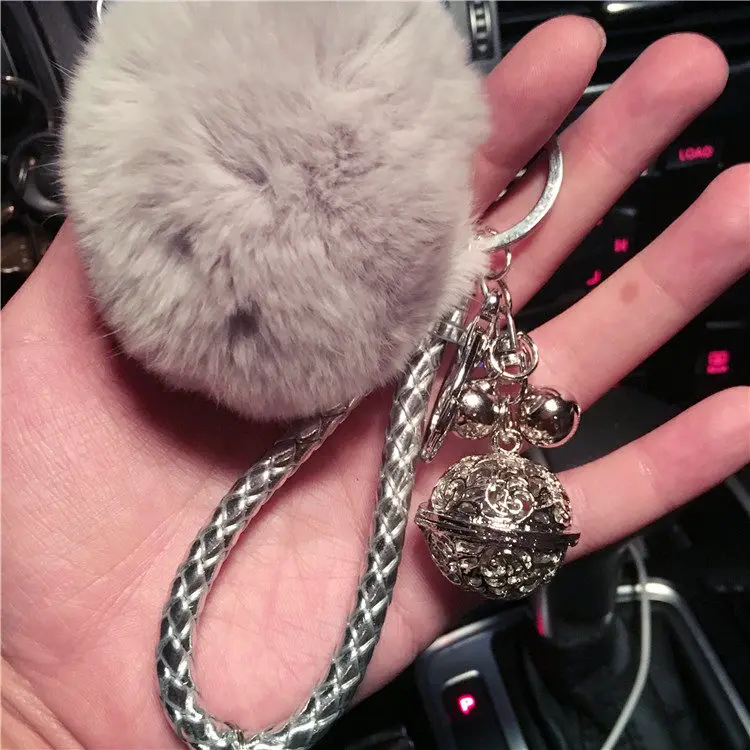 Cute Trinket Plush Rabbit Fur Ball Keychain PomPom Fashion Little Bells Pendant Key Chain for Handbag Car Ring Charm | Украшения и