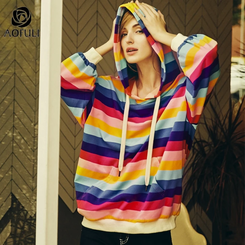 L~ 5XL Радуга Полосатый печатный хлопок толстовка с капюшоном, толстовка передний карман повседневный Свитер оверсайз Топы Футболка AOFULI A4073