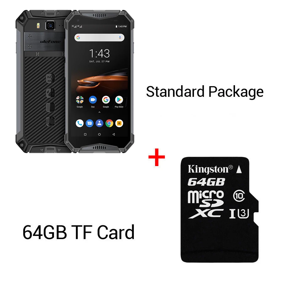 Ulefone Armor 3W 5," FHD+ Android 9,0 Helio P70 Octa Core 6 ГБ 64 Гб Смартфон 21 МП 10300 мАч 4G OTG NFC мобильный телефон - Цвет: Black N 64GB Card