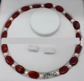

Natural 13x18mm Oval Red Ruby Beads & 7-8mm White Akoya Pearl Necklace 18inch