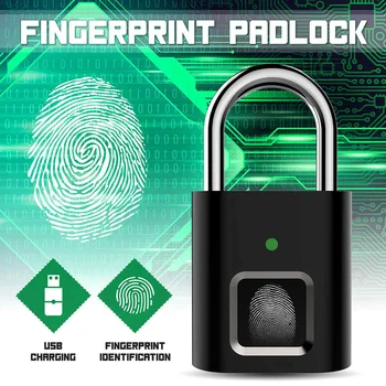 

Black Security Keyless USB Rechargeable Door Lock Fingerprint Smart Padlock Quick Unlock Zinc alloy Metal Self Developing Chip