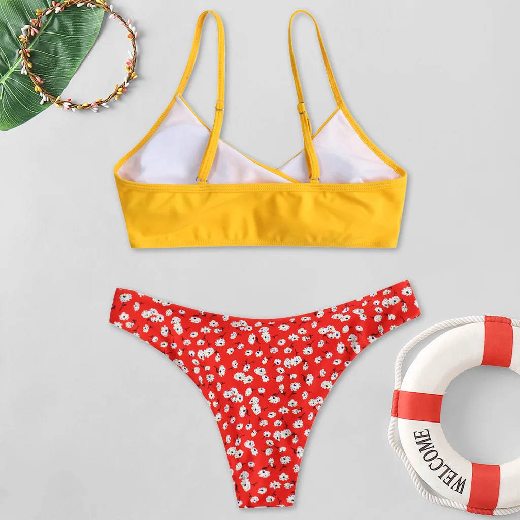 Однотонное бикини с принтом комплект косточками и высокими штанинами купальник