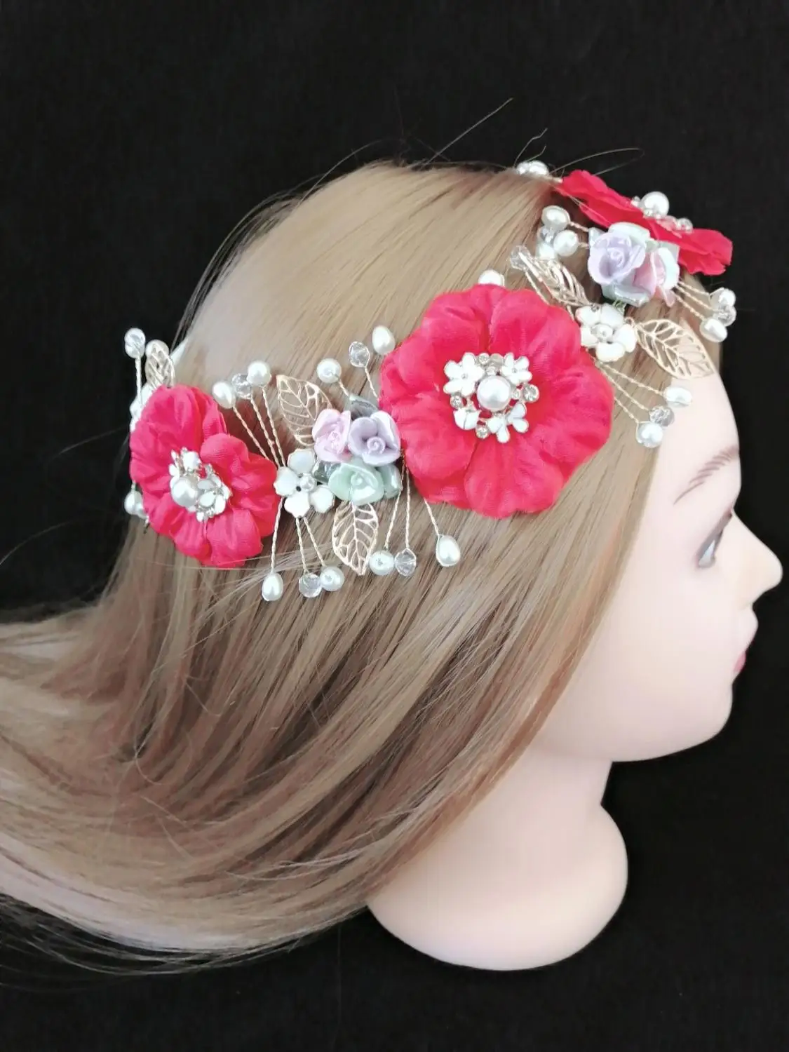 Hot Wedding Tiara Ring Bearer Garland Hairwear Jewelry Accessories,Luxury Korean Red 3D FLoral Hairband Bridal Rhinestone Comb