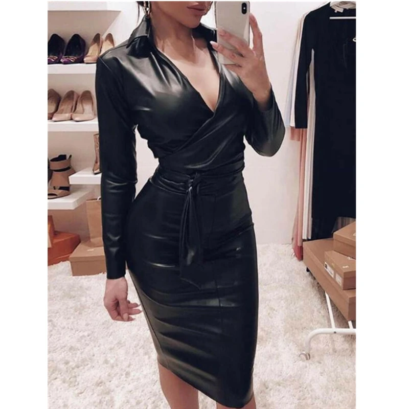 

HIRIGIN Newest Women Sexy V Neck Jumper Dress Lasy Fashion PU Leather Long Sleeves Bodycon Bandage Dresses