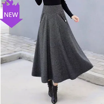 

Flared Pleated Midi Skirt Vintage Plus Size Stripe Long Skirt With Pocket Autumn Winter High Waist Tweed Skirt 2020 Women