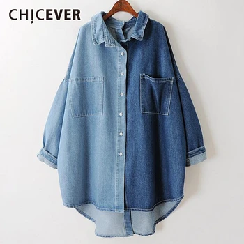 

CHICEVER Denim Patchwork Hit Color Women's Shirt Tops Long Sleeve Loose Big Size Blouses Female Clothes 2019 Autumn Fashion New