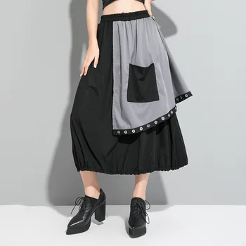 

Korea 2020 fashion new skrit women Tightness Waist Split Joint Solid Color Half-body Skirt Metal Decoration Irregular YH720