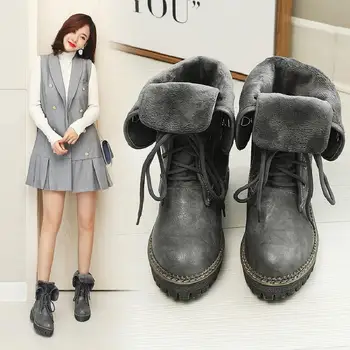 

Autumn and winter new in the tube with women's Martin boots round head cross straps low heel plus velvet stitching PU women's