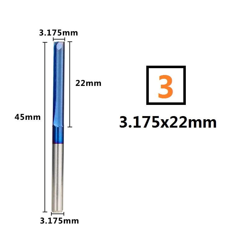 10 шт. 2 флейты 3,175 мм хвостовик 12-32 мм прямая Концевая Мельница Нано голубое покрытие фрезерный станок с ЧПУ для фрезерные резаки пластиковые концевые фрезы - Длина режущей кромки: 3.175x22mm