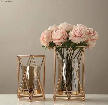 

Modern home decoration vase creative nordic metal iron geometric glass gold vase living room table decoration vase candle holder