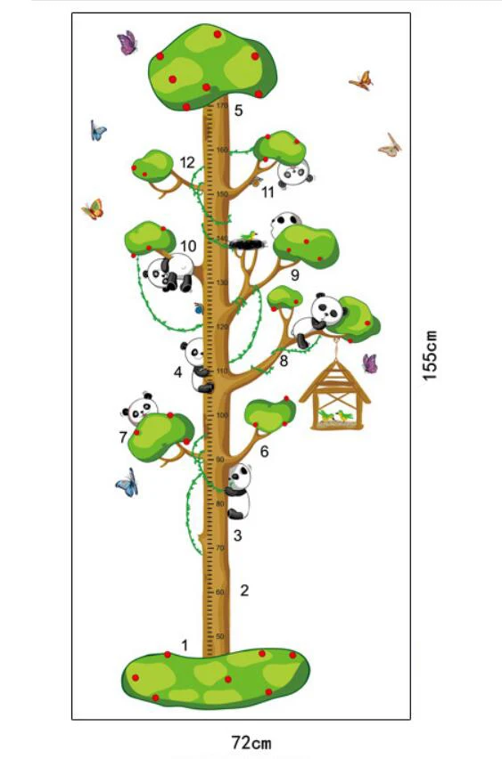 Мультфильм Дерево Ростомер стикер на стену, панда диаграмма роста Наклейка на стену для детской комнаты, панда Животные Детская Наклейка на стену, AY9176