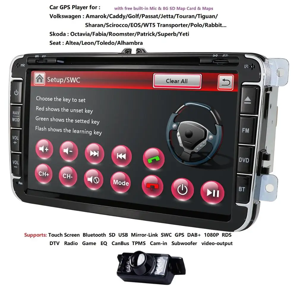 Cheap 8"Touch Screen 2 Din VW DVD navigation System For Seat Polo Bora Golf Jetta Tiguan Leon Skoda SD GPS Bluetooth Radio FreeCam Map 1