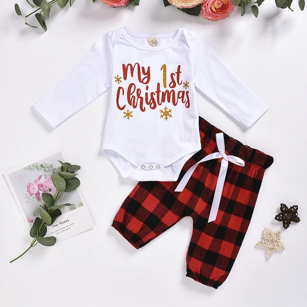My first christmas/комплект для мальчиков и девочек; комбинезон с длинными рукавами и рюшами для маленьких девочек и мальчиков; комплект со штанами в клетку на шнуровке; Одежда для маленьких девочек и мальчиков