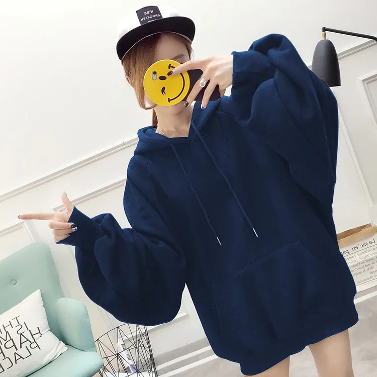 Dark blue Шикарная однотонная негабаритная Женская толстовка с цветочным рисунком и круглым вырезом, женские повседневные пуловеры с длинным рукавом на осень и зиму, толстовки с капюшоном - Цвет: Dark blue