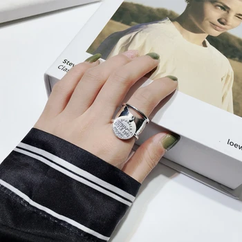 

Silvology 925 Sterling Silver Round Card Letter Wide Rings for Women High Quality Japan Korea Creative Rings 925 Retro Jewelry