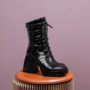 

US4-11 Womens Pointy Toe Crocodile Pattern Platform Ankle Boots Motorcycle Block Chunky High Heel Shoes Plus Size Punk BlackX1