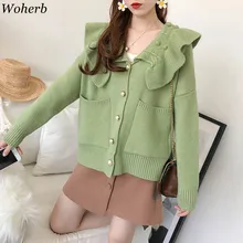 Woherb свитер женский с оборками сплошной цвет длинный рукав кардиган женский Повседневный милый модный стиль пальто осенняя верхняя одежда 90715
