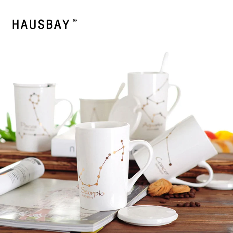 

Creative 12 Constellation Ceramic Mug Cup with Lid Spoon Zodiac Couple Cup Coffee Milk Tea Cup Office Desktop Drinkware 1106