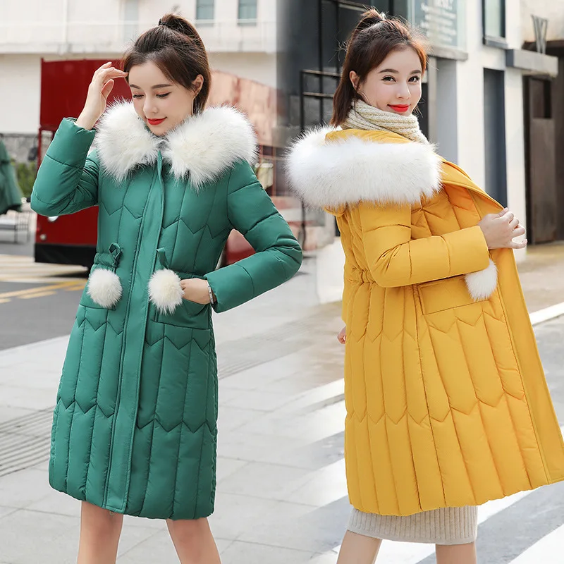 

Mid-length Drawstring Waist Hugging Hooded down Jacket Cotton-padded Clothes Women's 2019 New Style Korean-style Slim Fit Furry