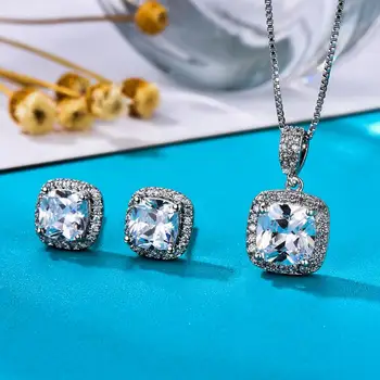 

Luxury Female Geometric Stud Earrings Necklaces Crystal Small Zircon Stone Jewelry Sets For Women Fashion Wedding Jewelry