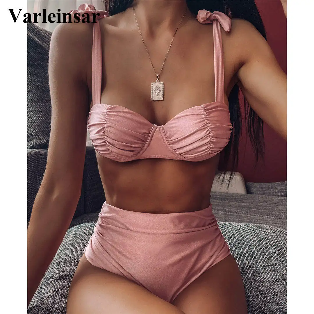 Сексуальный плиссированный купальник с пуш-ап, бикини с высокой талией, женская одежда для плавания, комплект бикини из двух предметов, розовый купальный костюм с цветочным рисунком, купальный костюм, V1797