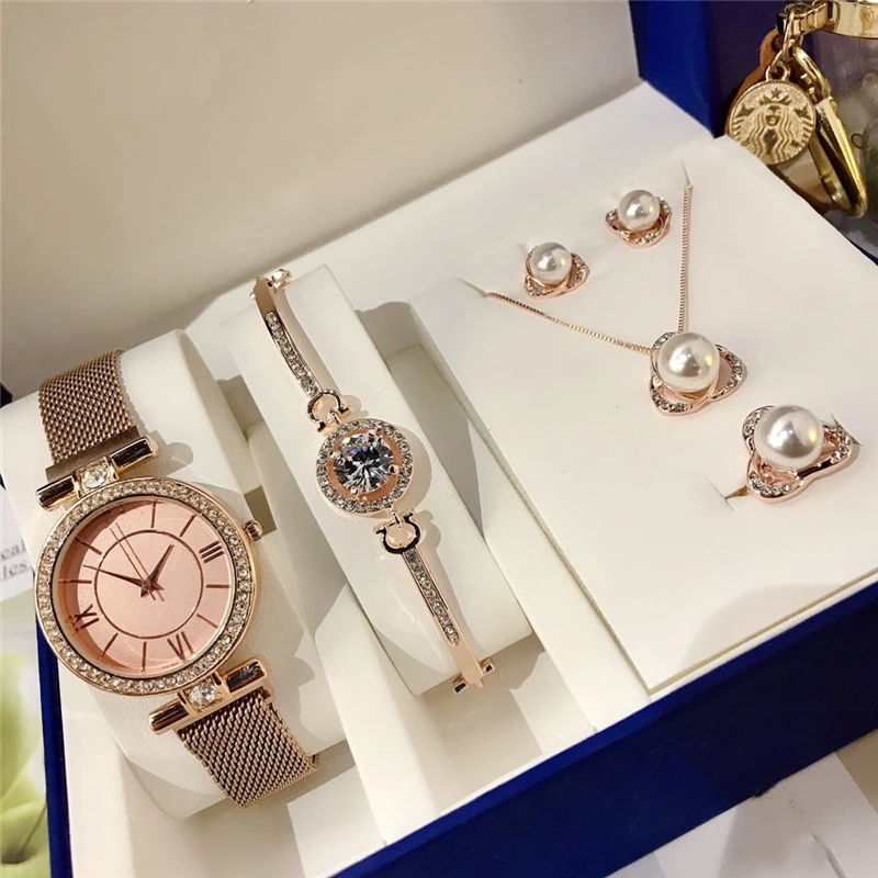 Бренд S Ювелирные наборы из 5 драгоценных камней кварцевые часы Циркон браслет