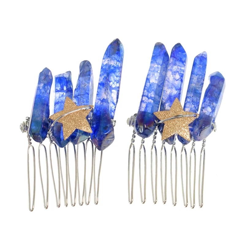 Синий Raw Quartz Headband Wedding Tiara Hair Combs Crystal Comb Bridal Hair Accessories Healing Hairpins Jewelry Gift - Цвет: Синий