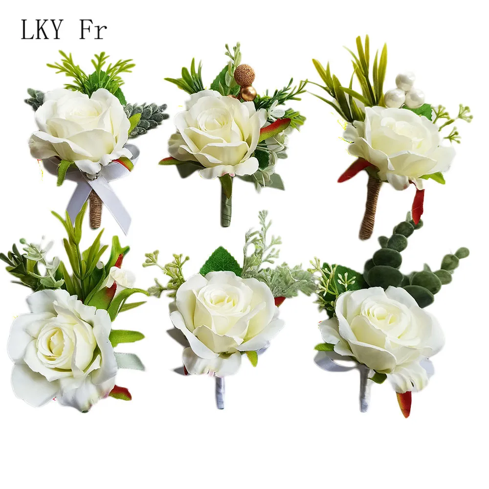 

LKY Fr Men Wedding Boutonniere White Roses Artificial Flower Pin Bracelet Bride Corsage Wedding Groom Buttonhole Marriage Brooch