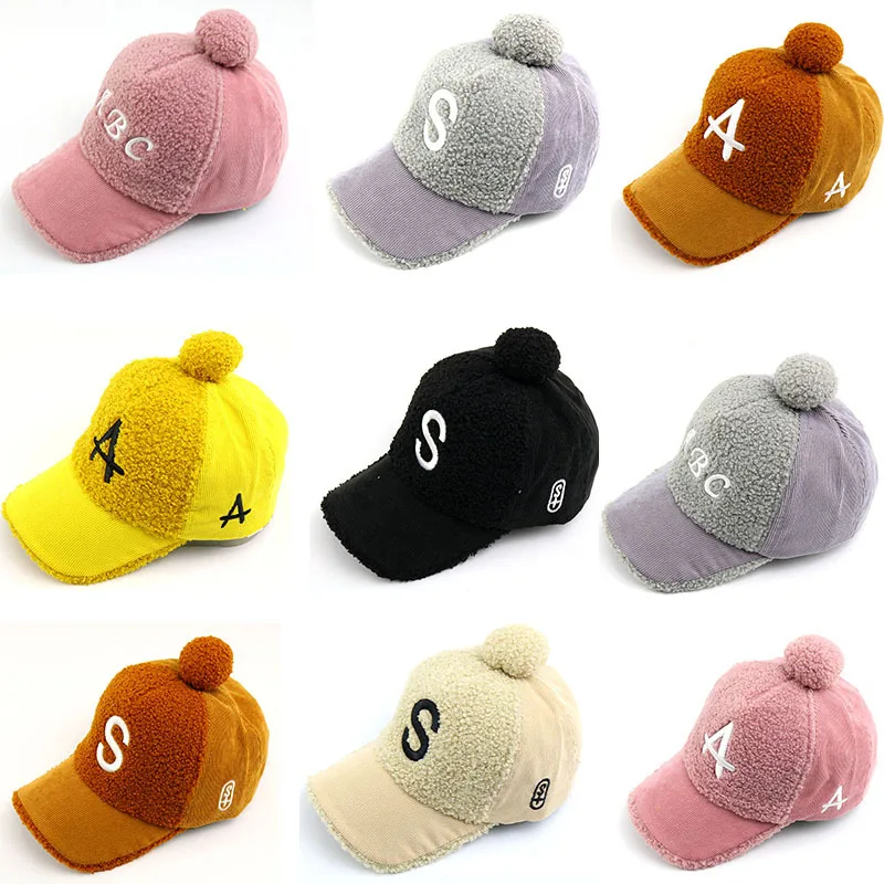 Baby boy girl hat ABC corduroy baseball cap autumn and winter new children's hat Korean ball pompom caps kids photography props