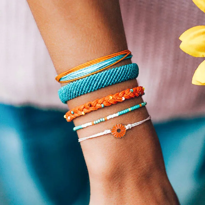 

SEDmart 5pcs Handwaven Multilayer Beads Oil Flower Charm Bracelet for Women Boho Color Friendship Adjustable Rope Chain Jewelry