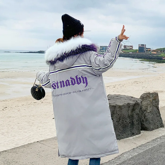 

2019 Winter New Style Korean-style Fashion Stripes Long Embroidered British Style Lettered Loose-Fit down Feather Cotton Overcoa