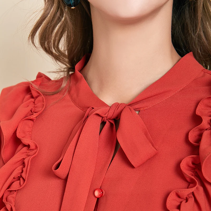 ARTKA, Осенние новые женские блузки, элегантная шифоновая рубашка в винтажном стиле с декоративным бантом и круглым вырезом, красные рубашки с длинным рукавом SA10592Q