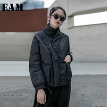 [EAM] черное теплое пальто с хлопковой подкладкой, с пряжкой, с длинным рукавом, свободный крой, женские парки, модная новинка, осень зима, 19A-a819