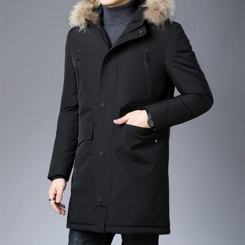 Высший сорт, новинка, зимний модный брендовый пуховик с капюшоном, мужской пуховик на утином пуху, уличная одежда, пуховое пальто, длинная теплая мужская одежда