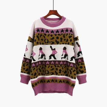 

H.SA 2019 Women Pullover and Sweaters Korean Style Long Leopard Knit Jumpers Vintage Pull Femme cashmere sweater women pink Pull