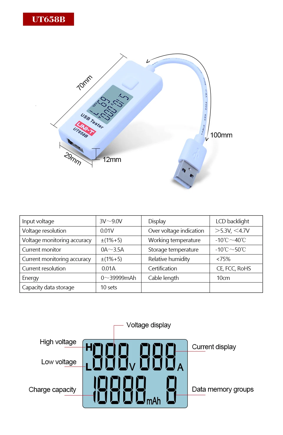 UNI-T UT658 UT658B USB Тестер Вольтметр Амперметр цифровой ЖК-монитор напряжения измеритель тока измеритель емкости 9 в 3 А с подсветкой