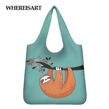 

WHEREISART 2020 New Arrival Women Grocery Bags Cute Cartoon Sloth Print Outdoor Large Capacity Casual Shoulder Bag For Femme